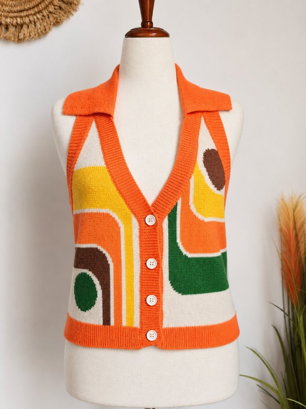 OXKnit NEW Retro 70s Geometric Abstract Halter Sweater Vest SZ Small Boho Mod - Picture 9 of 9